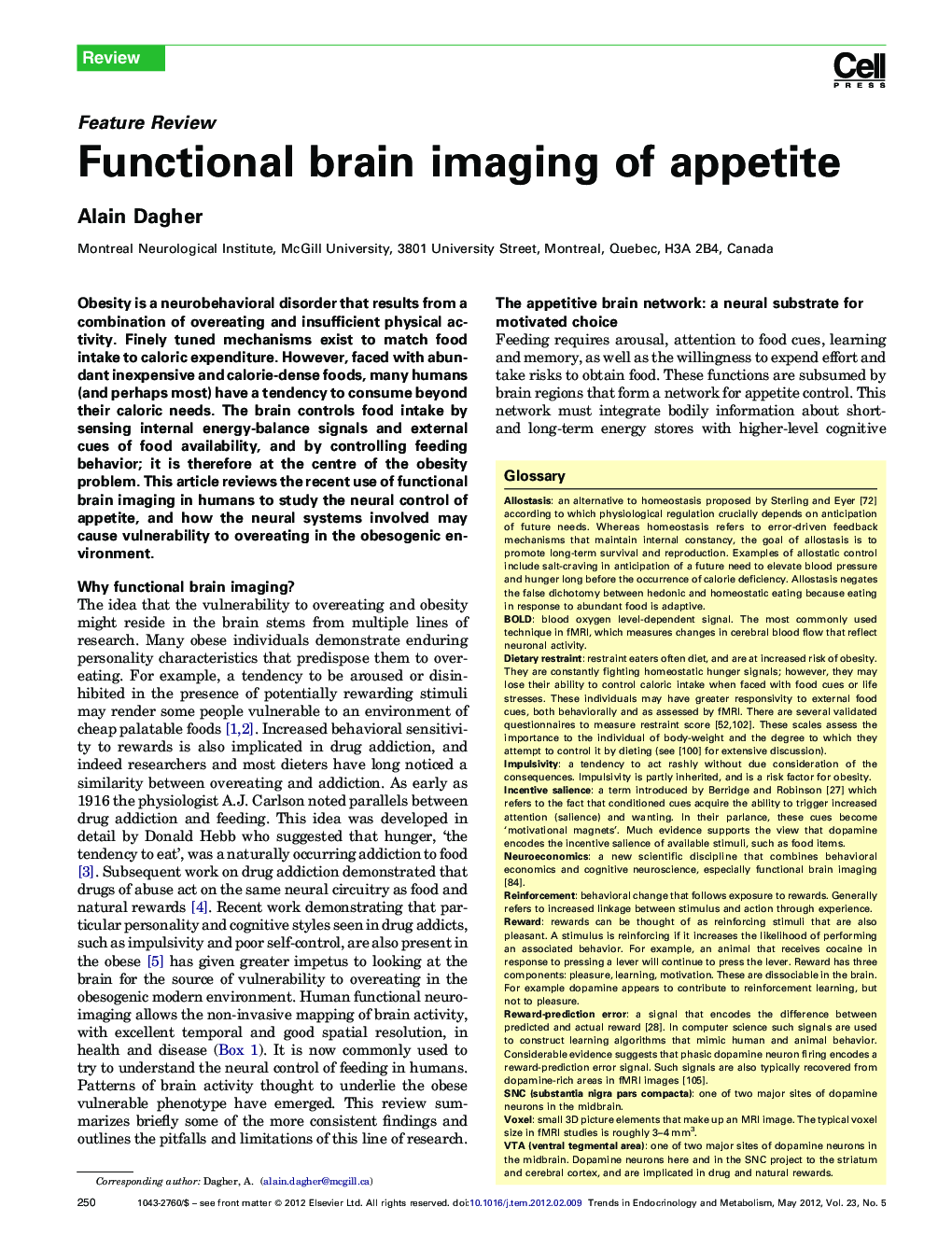 Functional brain imaging of appetite