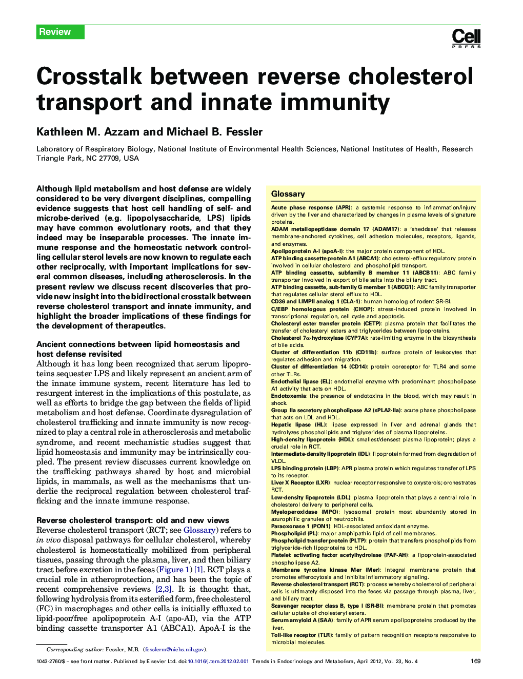 Crosstalk between reverse cholesterol transport and innate immunity
