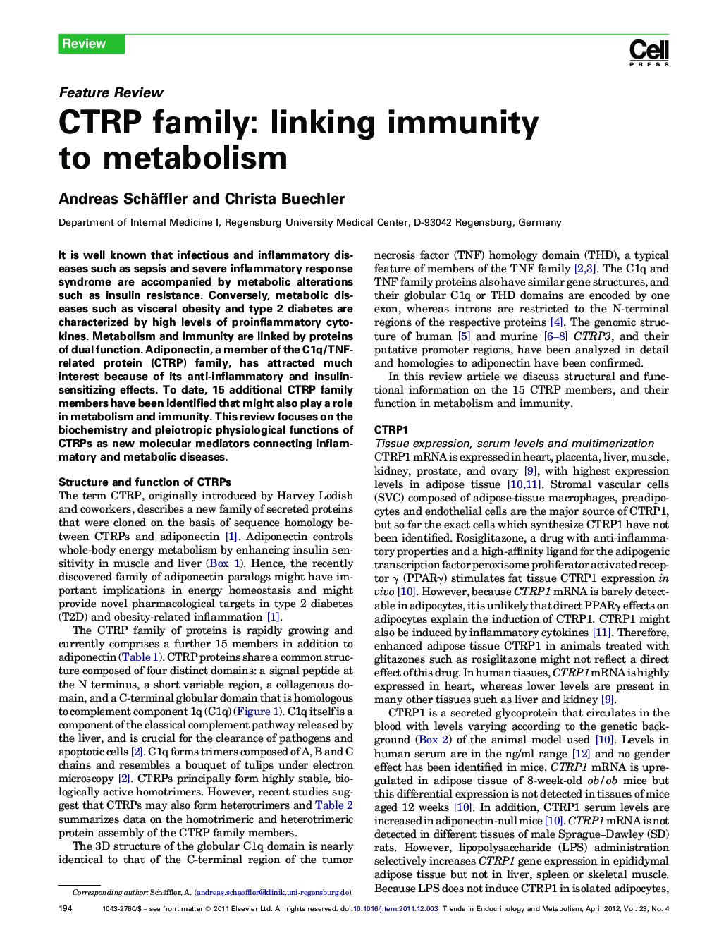 CTRP family: linking immunity to metabolism