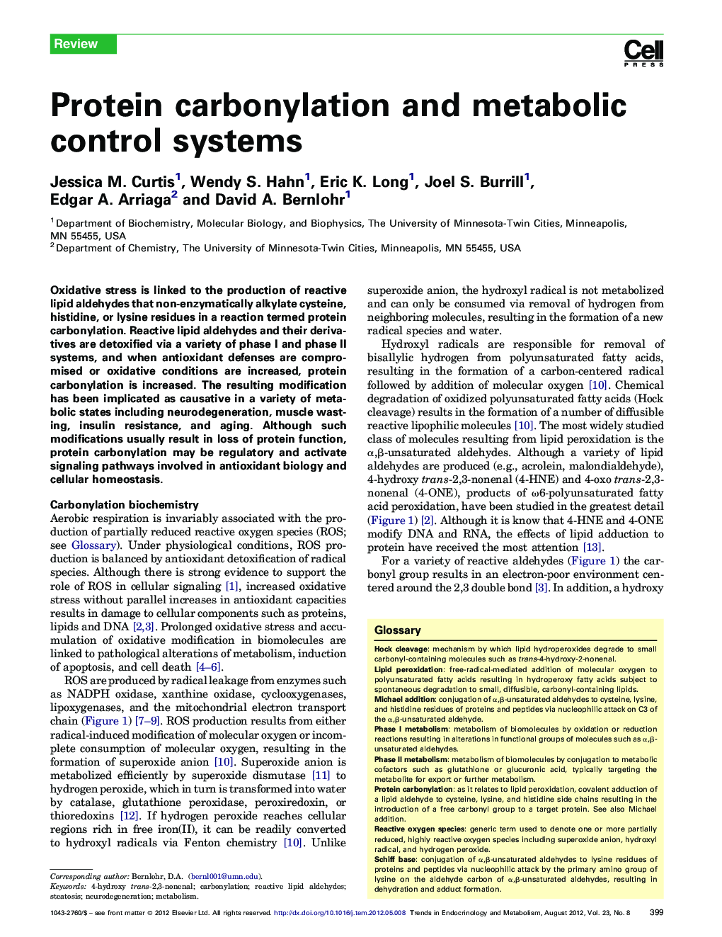 Protein carbonylation and metabolic control systems