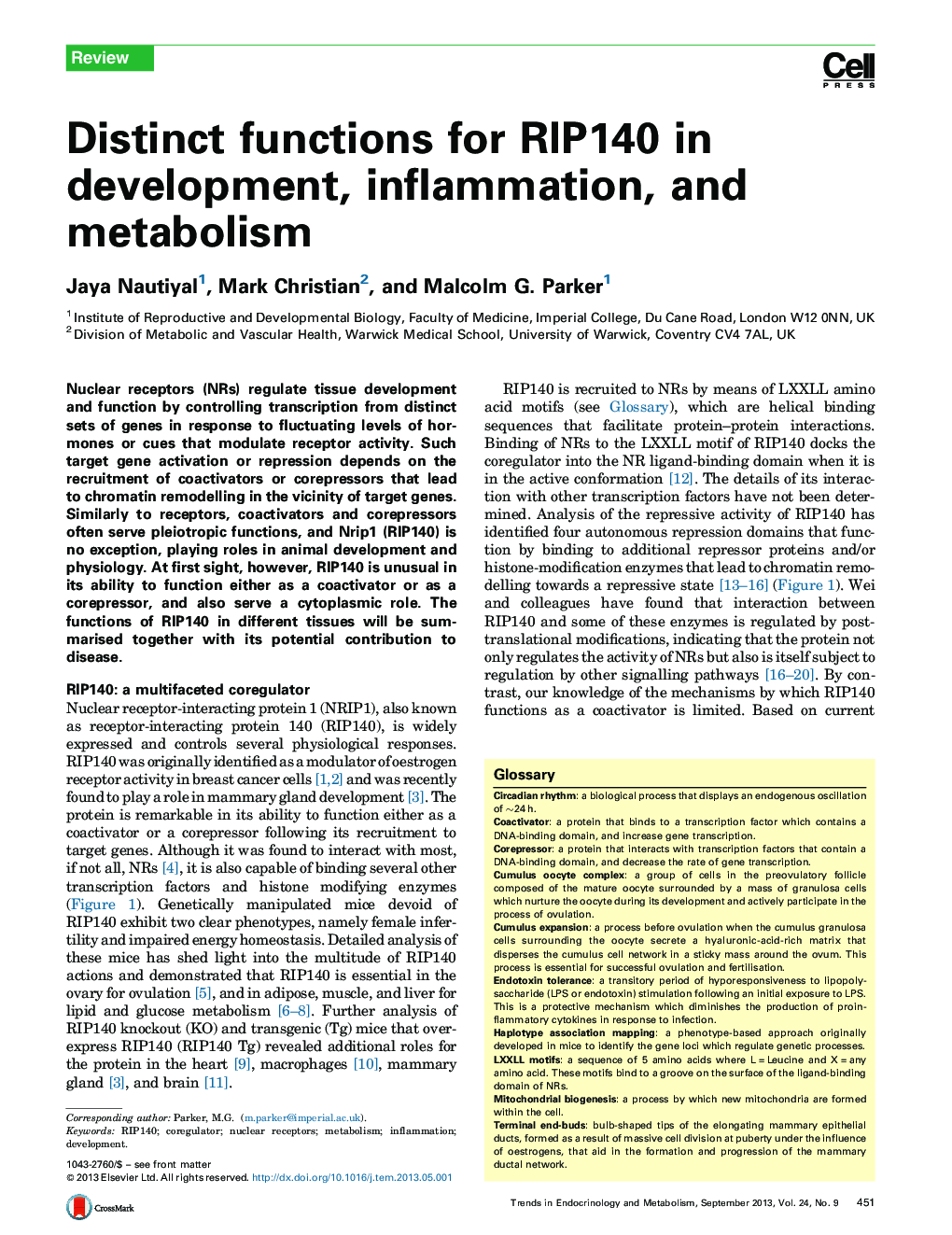 Distinct functions for RIP140 in development, inflammation, and metabolism