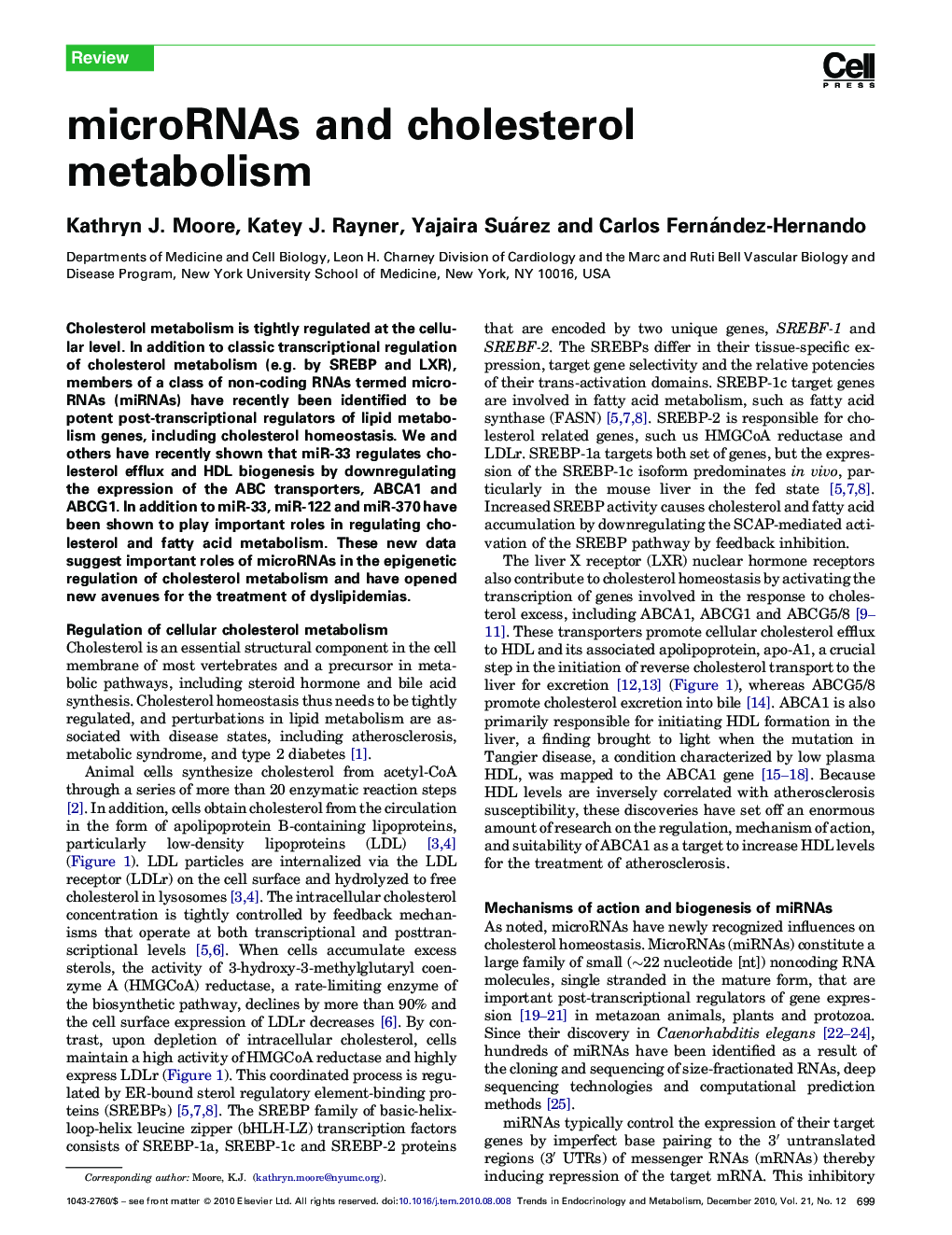 microRNAs and cholesterol metabolism
