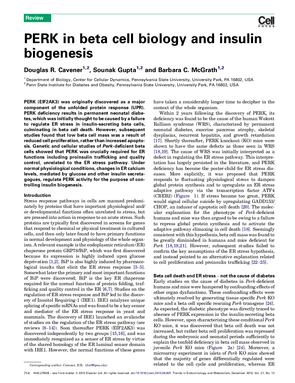 PERK in beta cell biology and insulin biogenesis