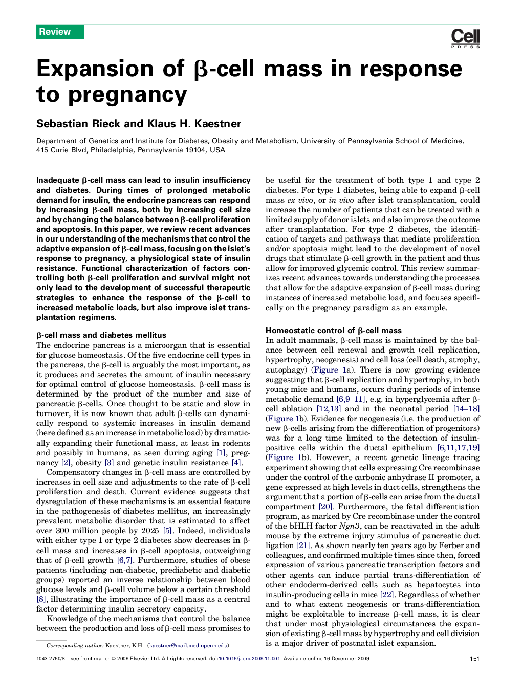 Expansion of β-cell mass in response to pregnancy