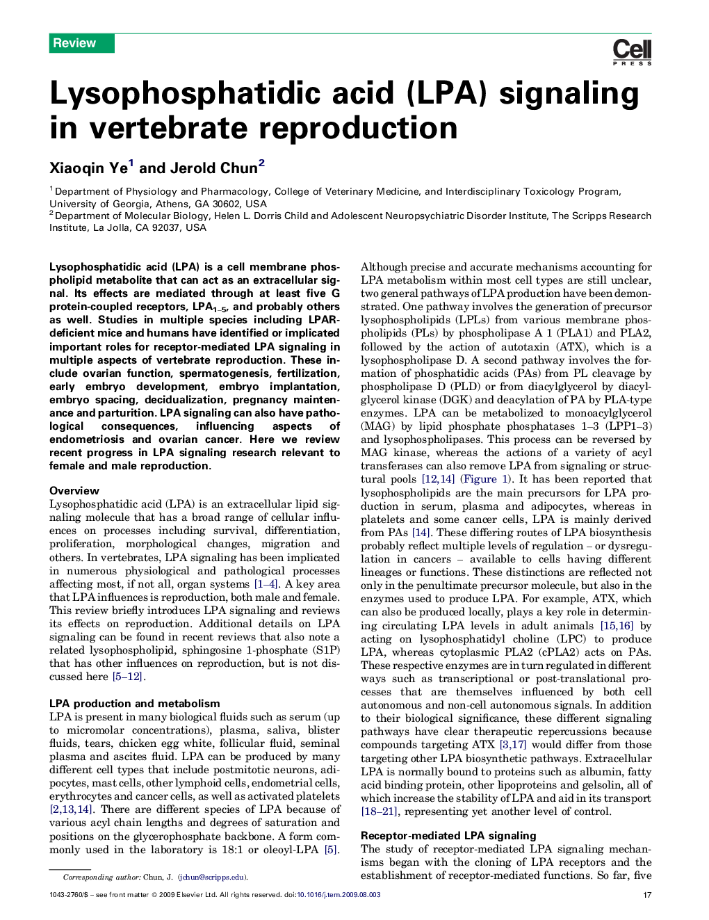 Lysophosphatidic acid (LPA) signaling in vertebrate reproduction