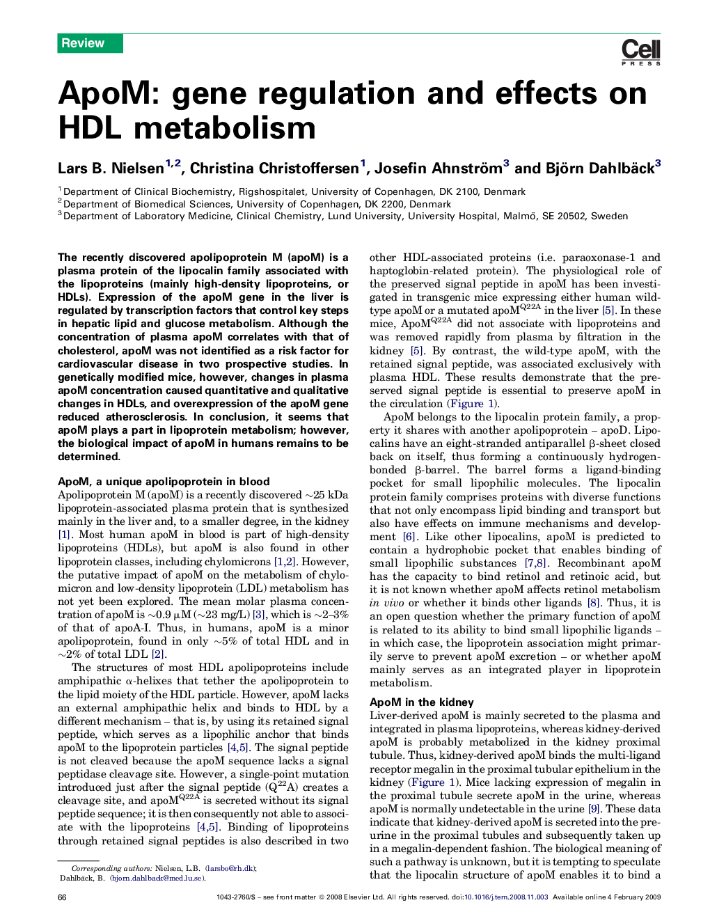 ApoM: gene regulation and effects on HDL metabolism