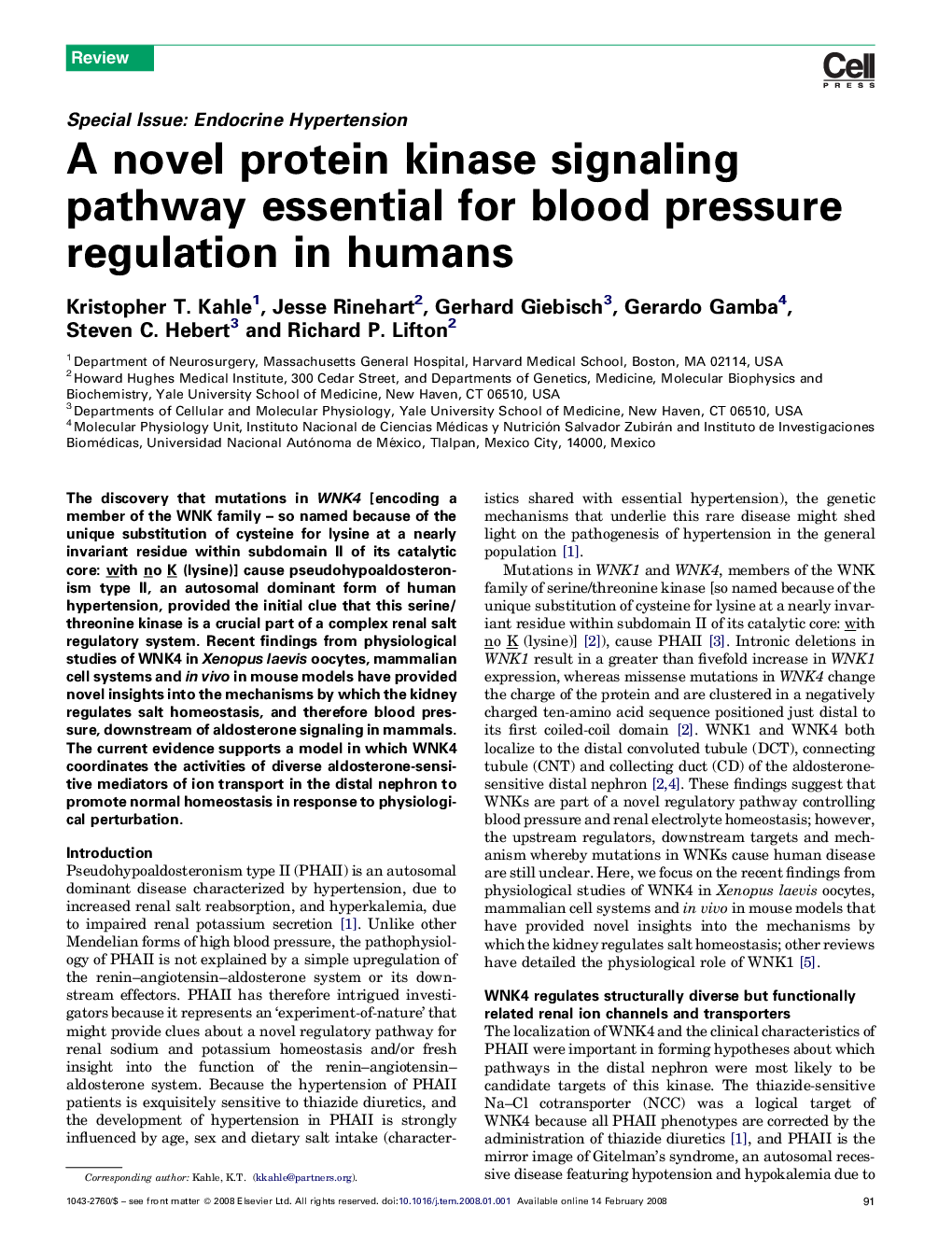 A novel protein kinase signaling pathway essential for blood pressure regulation in humans