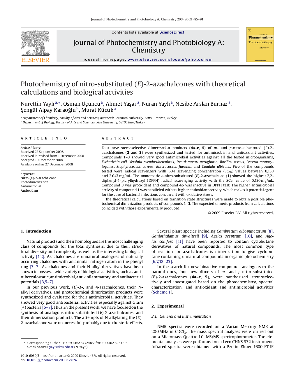 Photochemistry of nitro-substituted (E)-2-azachalcones with theoretical calculations and biological activities