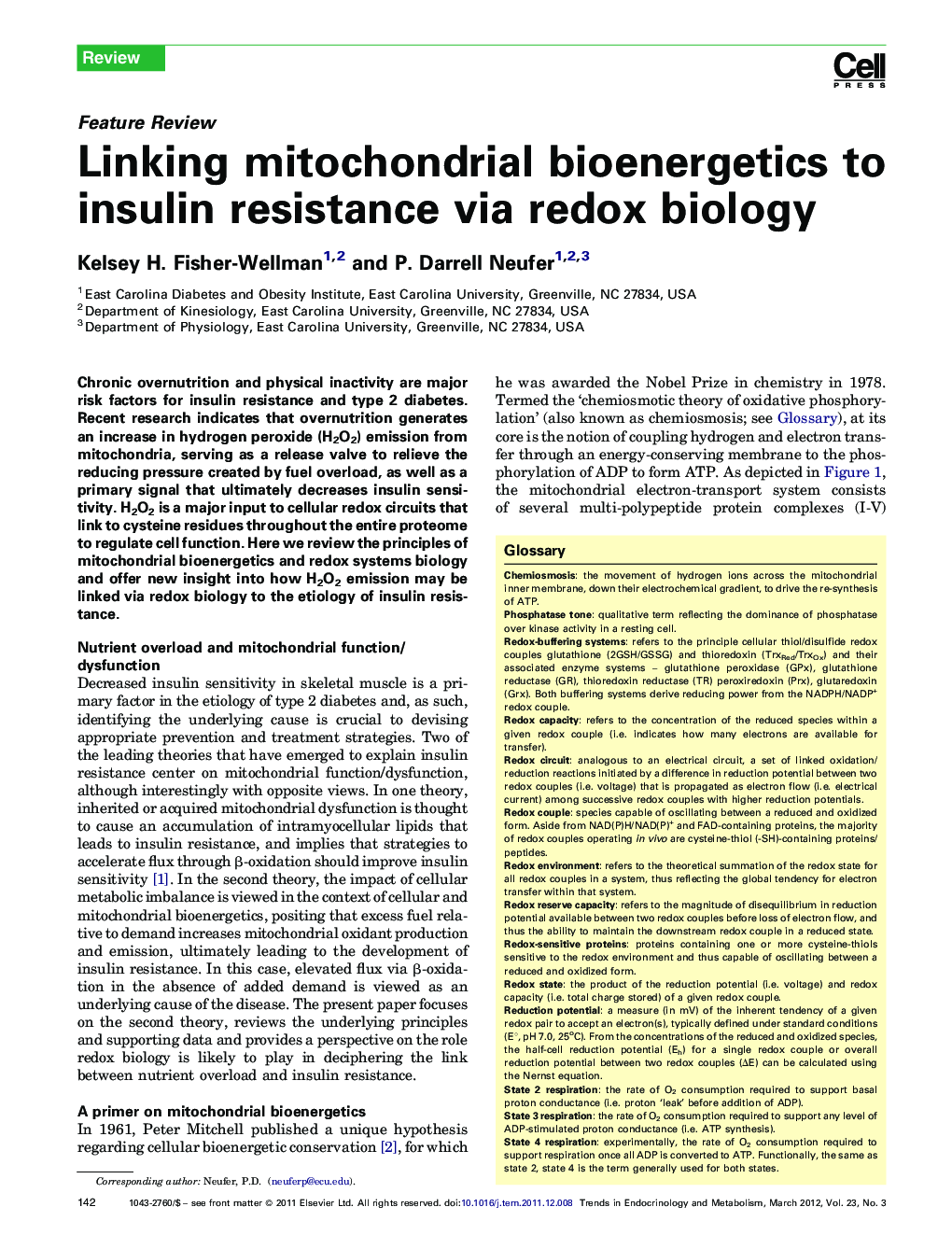 Linking mitochondrial bioenergetics to insulin resistance via redox biology
