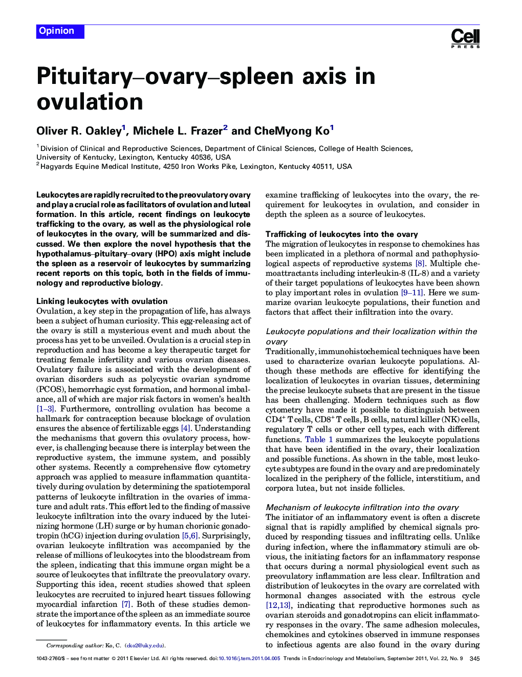 Pituitary–ovary–spleen axis in ovulation