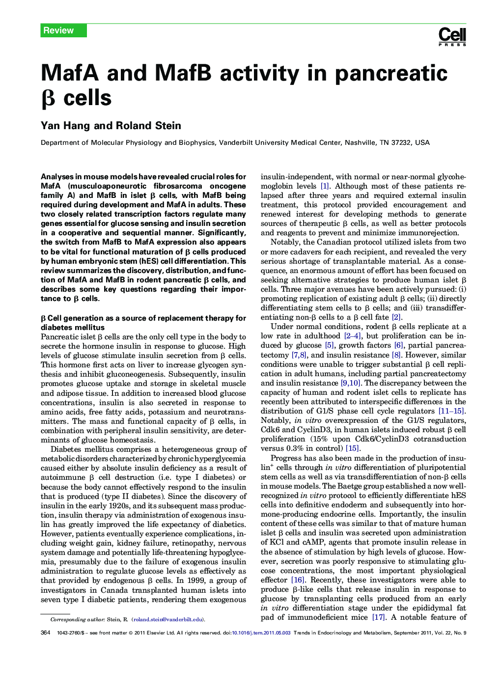 MafA and MafB activity in pancreatic β cells