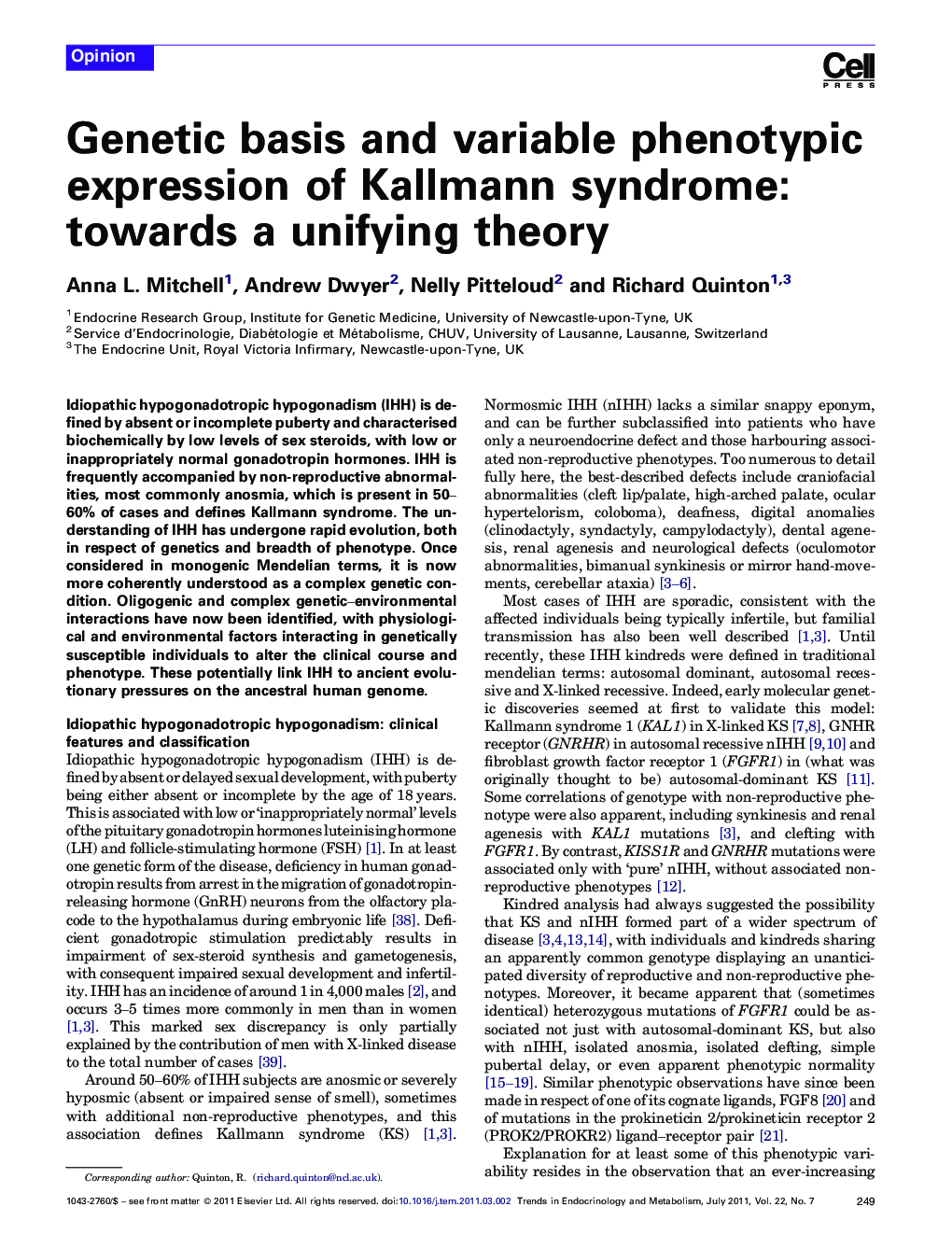 Genetic basis and variable phenotypic expression of Kallmann syndrome: towards a unifying theory