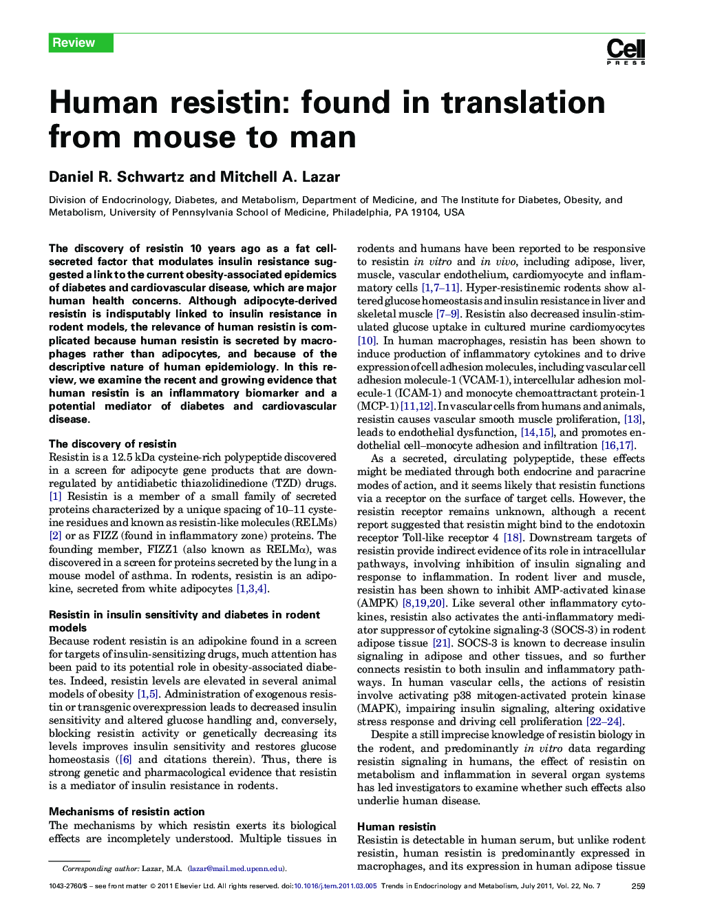 Human resistin: found in translation from mouse to man