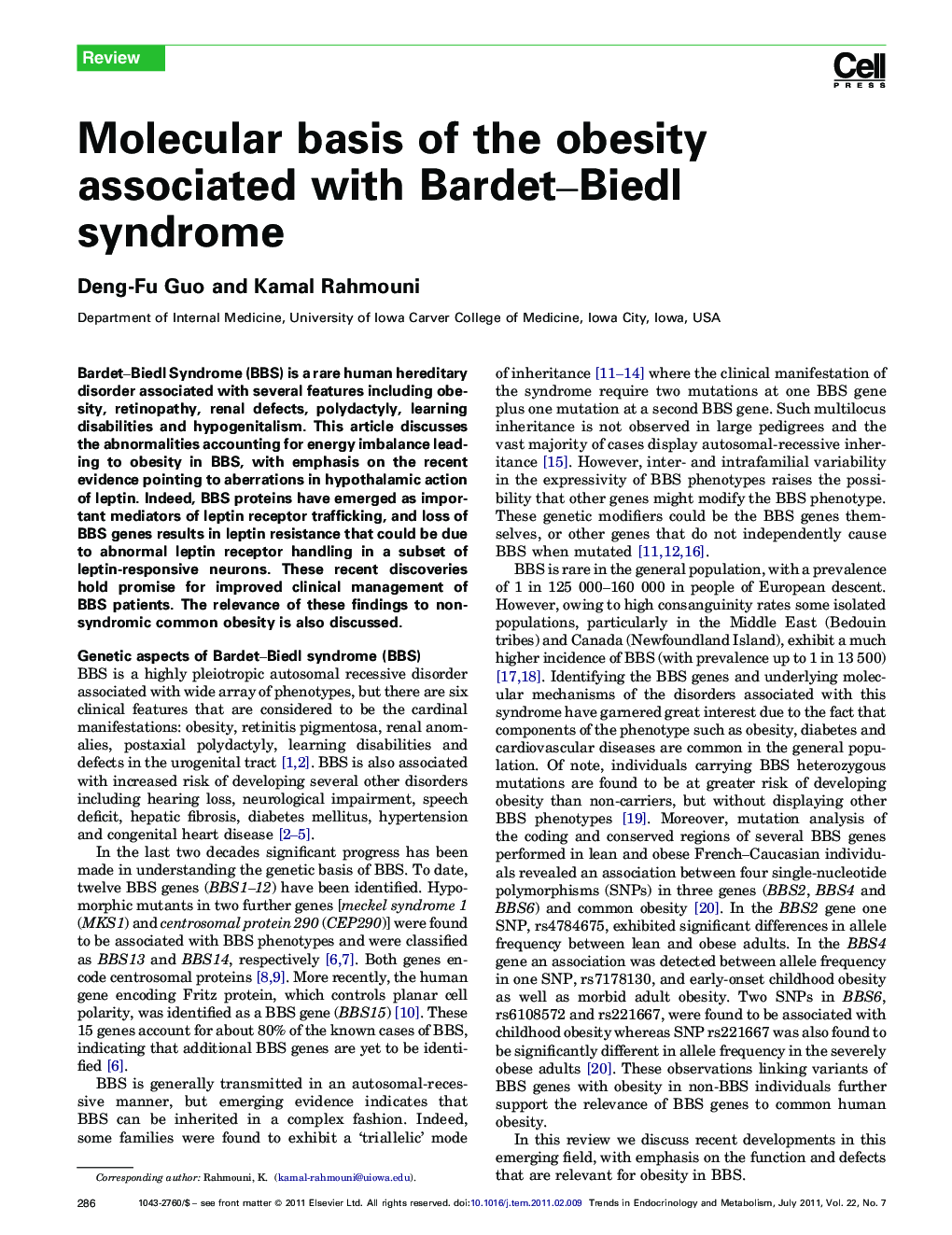 Molecular basis of the obesity associated with Bardet–Biedl syndrome