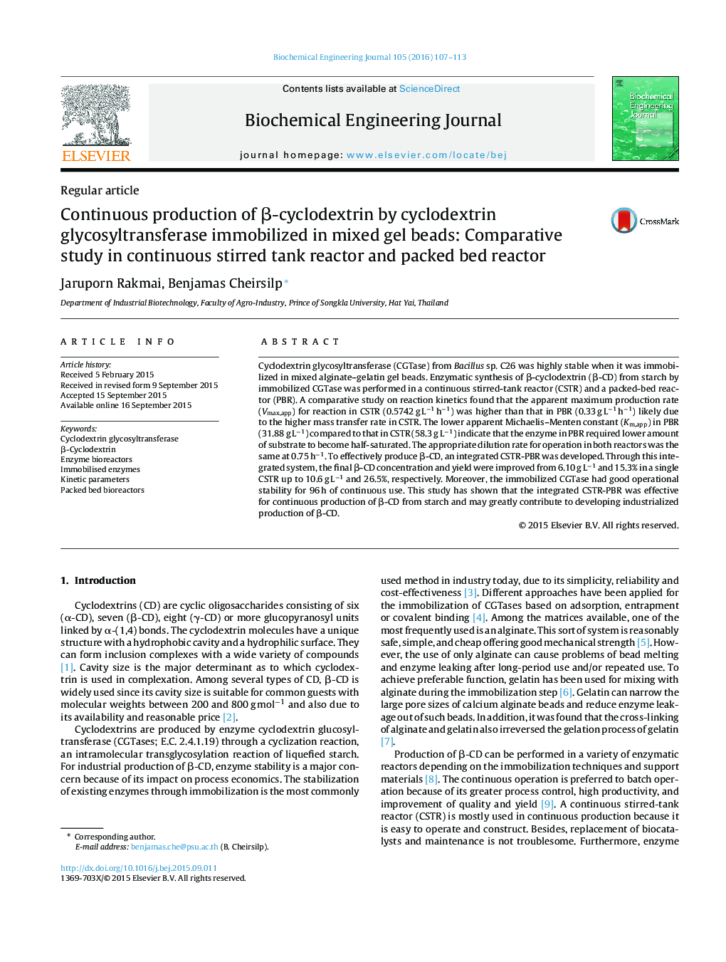 Continuous production of β-cyclodextrin by cyclodextrin glycosyltransferase immobilized in mixed gel beads: Comparative study in continuous stirred tank reactor and packed bed reactor