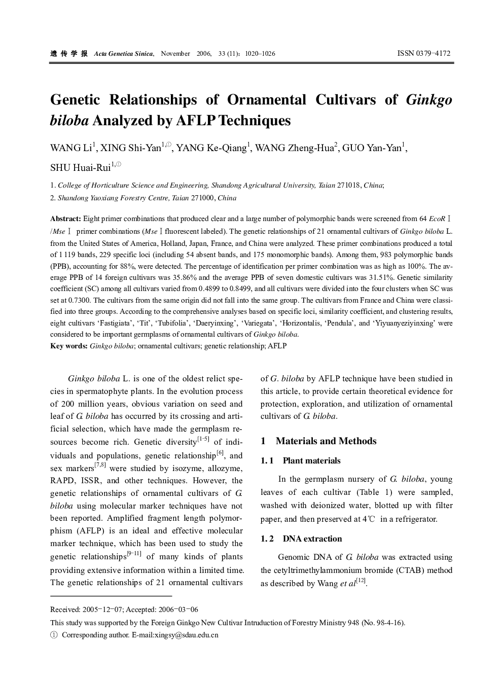 Genetic Relationships of Ornamental Cultivars of Ginkgo biloba Analyzed by AFLP Techniques 