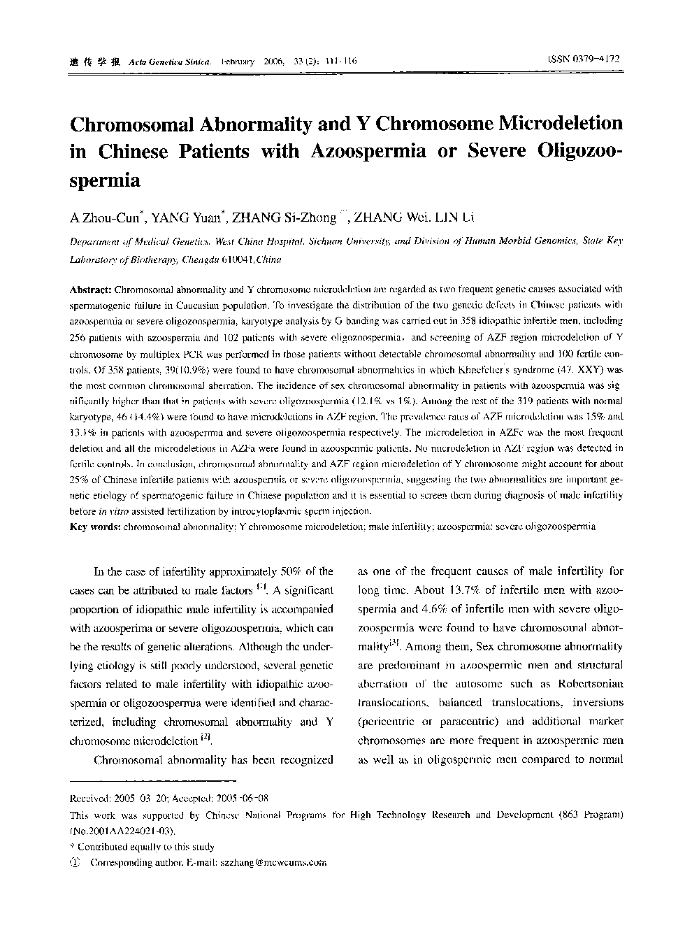 Chromosomal Abnormality and Y Chromosome Microdeletion in Chinese Patients with Azoospermia or Severe Oligozoo-spermia 