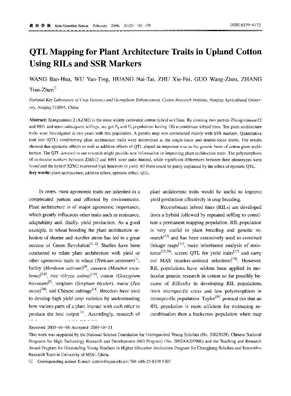 QTL Mapping for Plant Architecture Traits in Upland Cotton Using RILs and SSR Markers 
