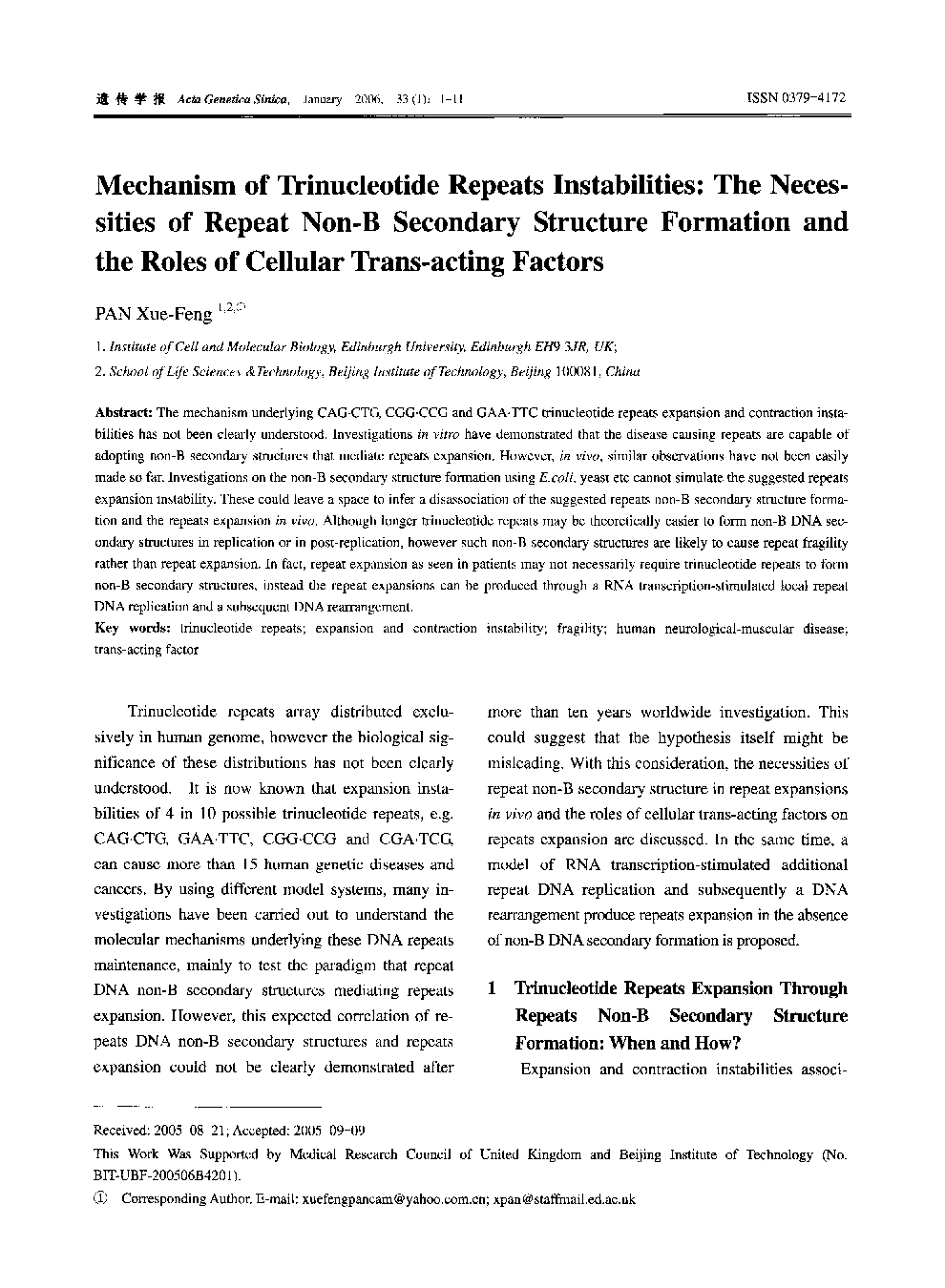 Mechanism of Trinucleotide Repeats Instabilities: The Necessities of Repeat Non-B Secondary Structure Formation and the Roles of Cellular Trans-acting Factors 