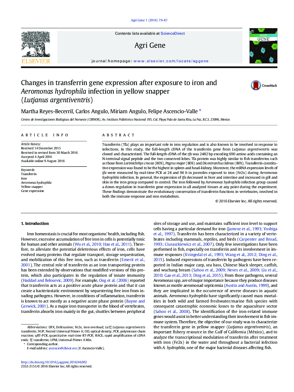 Changes in transferrin gene expression after exposure to iron and Aeromonas hydrophila infection in yellow snapper (Lutjanus argentiventris)