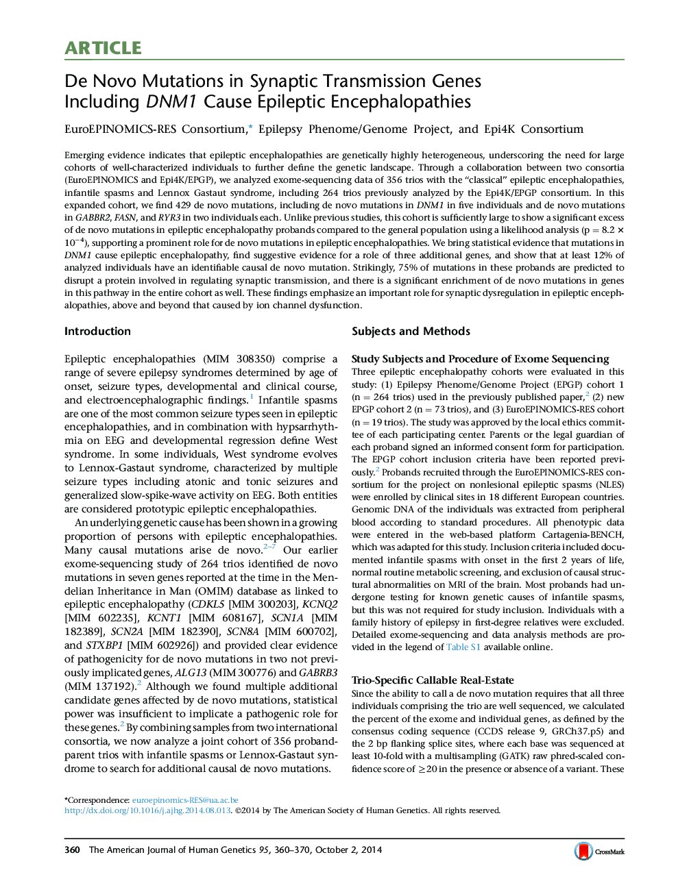 De Novo Mutations in Synaptic Transmission Genes Including DNM1 Cause Epileptic Encephalopathies