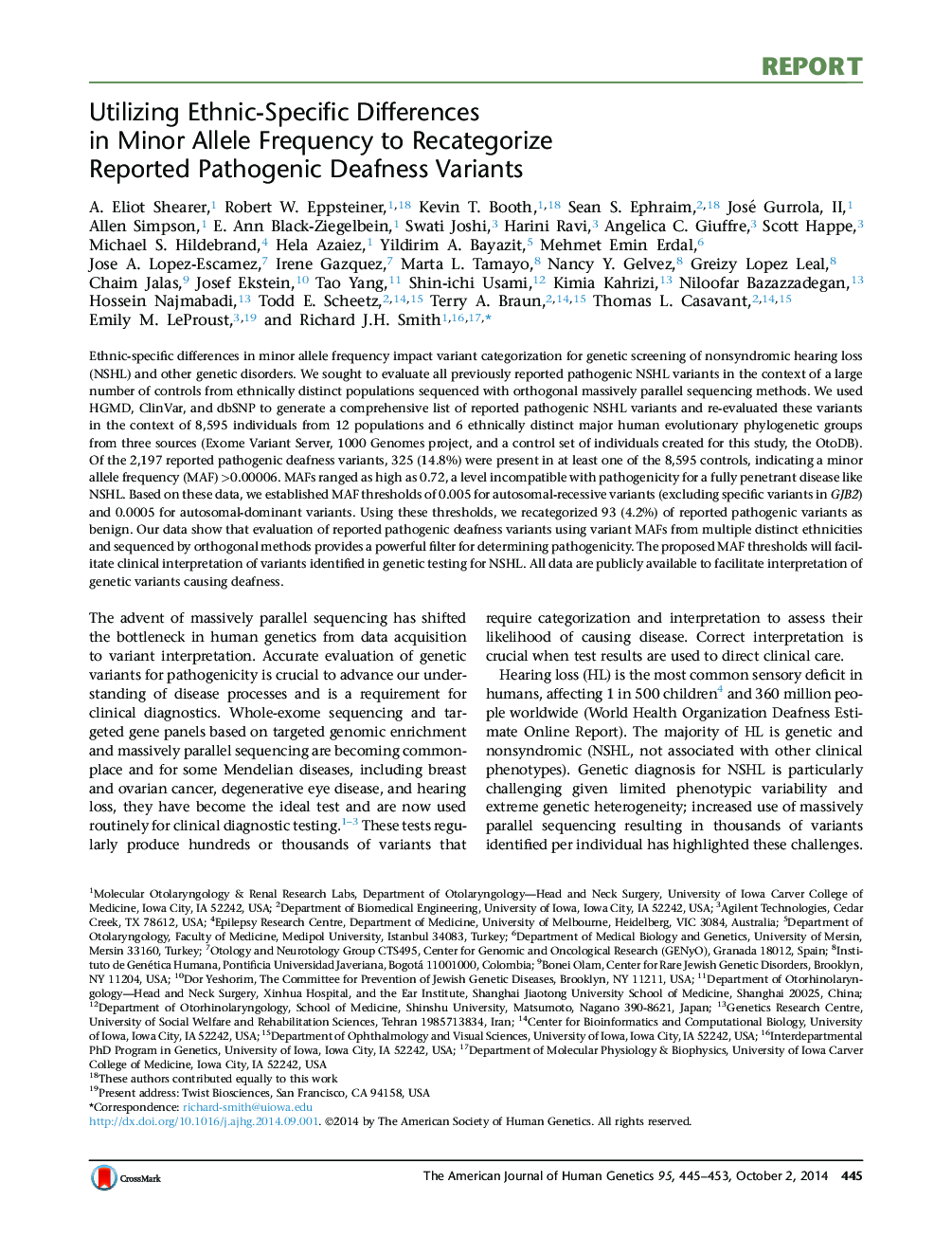 Utilizing Ethnic-Specific Differences in Minor Allele Frequency to Recategorize Reported Pathogenic Deafness Variants