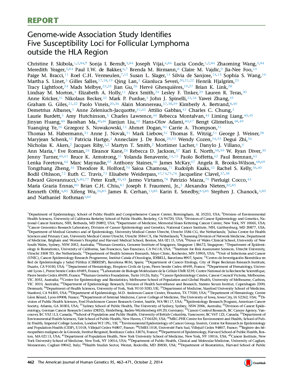 Genome-wide Association Study Identifies Five Susceptibility Loci for Follicular Lymphoma outside the HLA Region