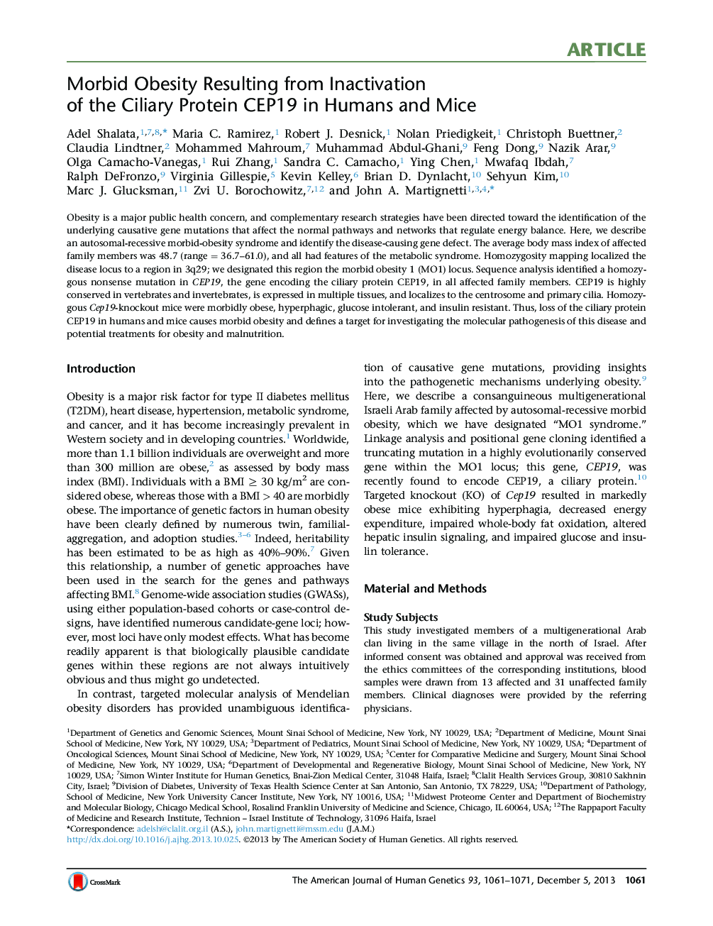 Morbid Obesity Resulting from Inactivation of the Ciliary Protein CEP19 in Humans and Mice