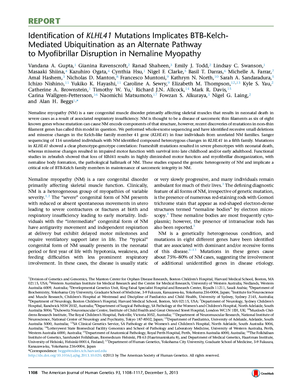 Identification of KLHL41 Mutations Implicates BTB-Kelch-Mediated Ubiquitination as an Alternate Pathway to Myofibrillar Disruption in Nemaline Myopathy