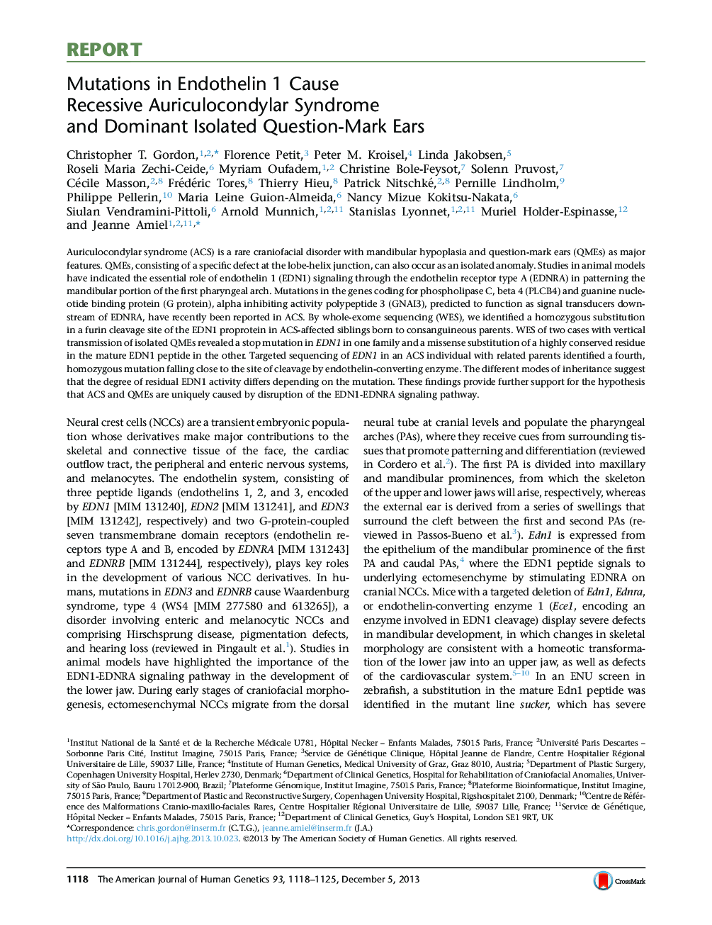 Mutations in Endothelin 1 Cause Recessive Auriculocondylar Syndrome and Dominant Isolated Question-Mark Ears