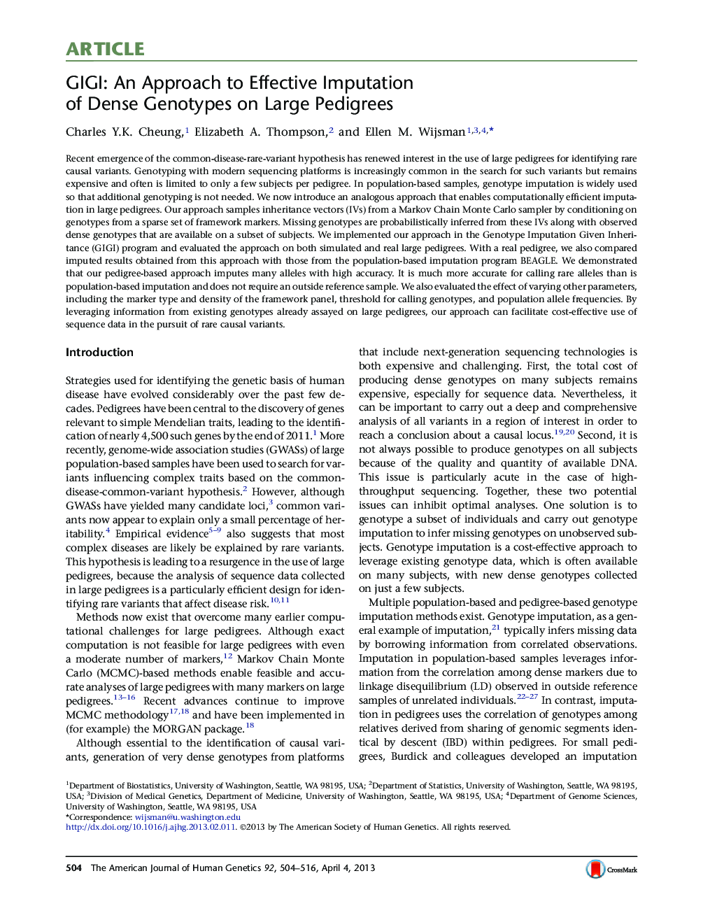 GIGI: An Approach to Effective Imputation of Dense Genotypes on Large Pedigrees