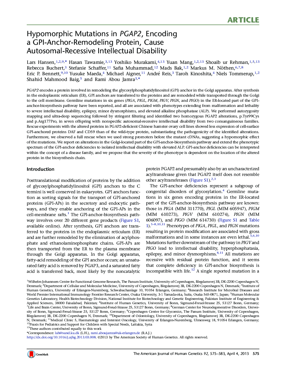 Hypomorphic Mutations in PGAP2, Encoding a GPI-Anchor-Remodeling Protein, Cause Autosomal-Recessive Intellectual Disability