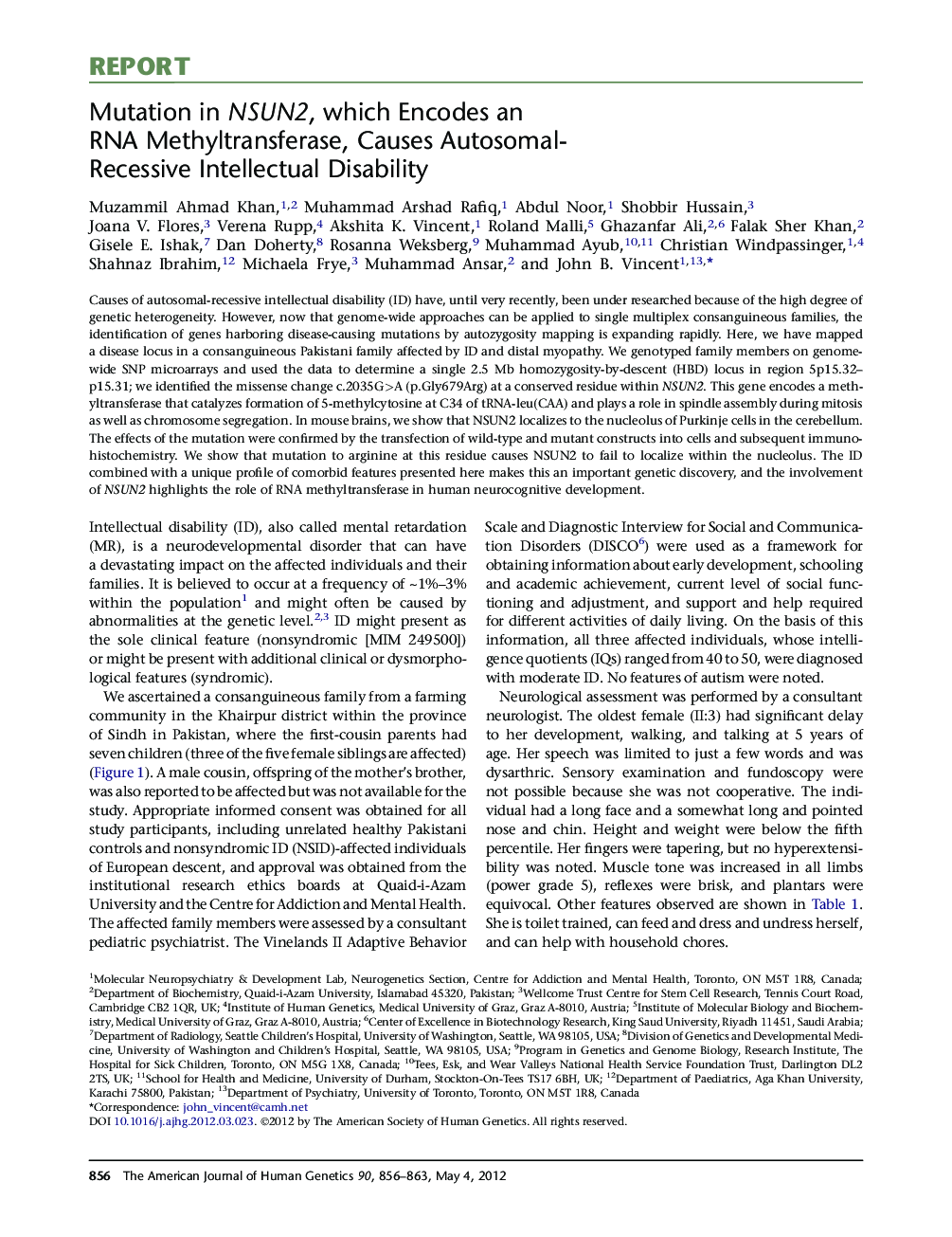 Mutation in NSUN2, which Encodes an RNA Methyltransferase, Causes Autosomal-Recessive Intellectual Disability