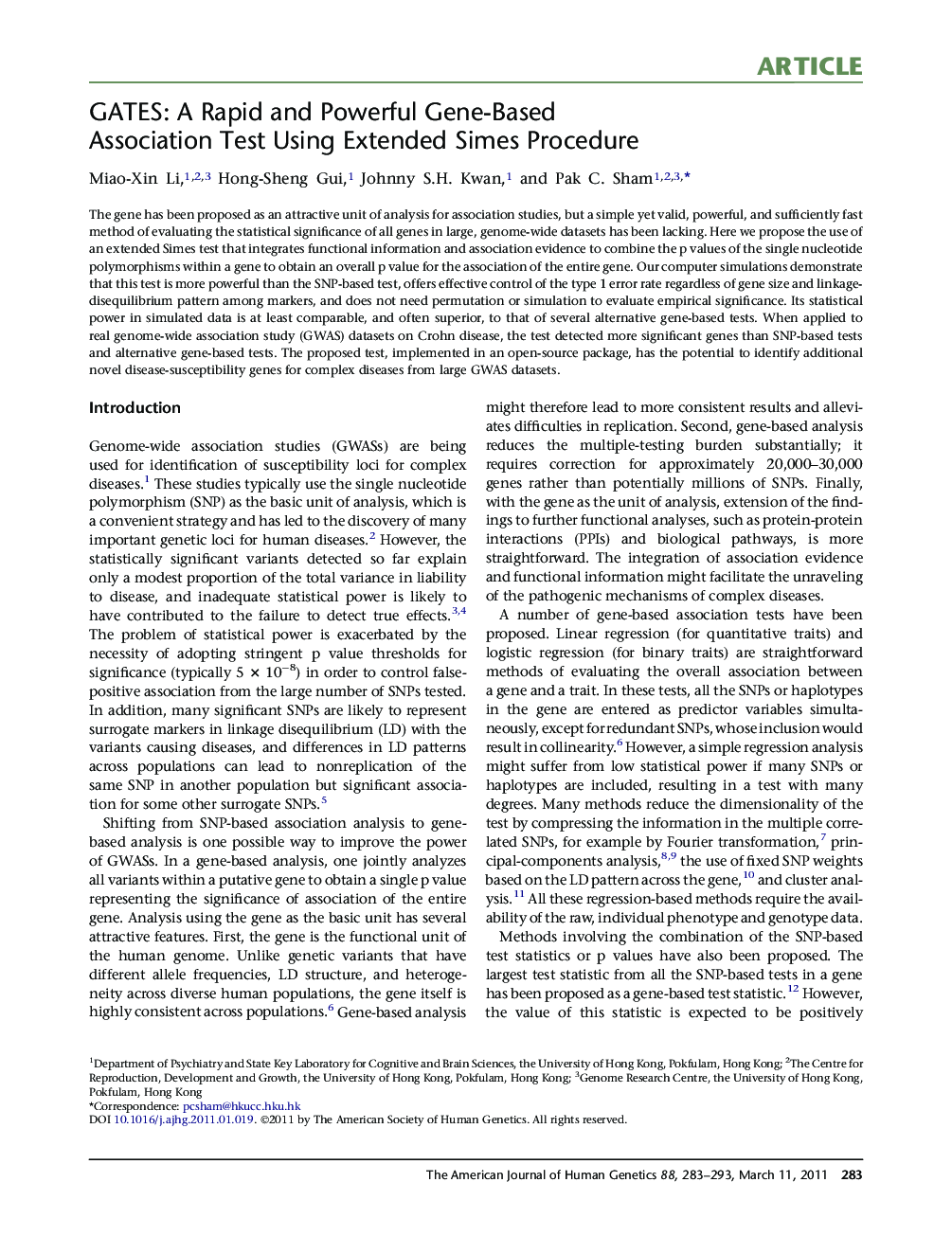 GATES: A Rapid and Powerful Gene-Based Association Test Using Extended Simes Procedure