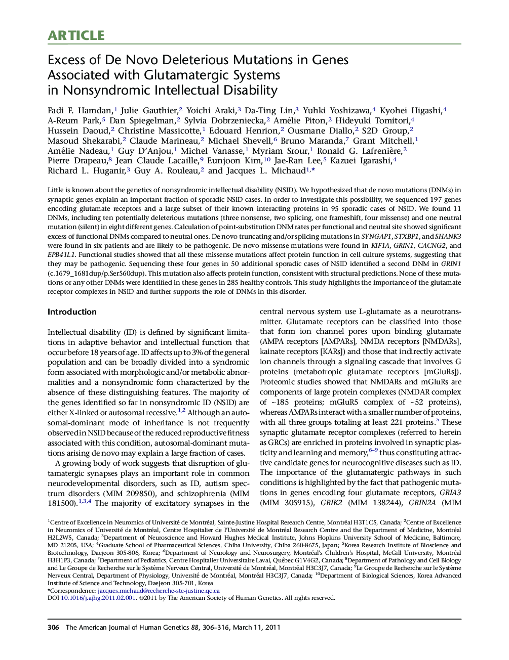 Excess of De Novo Deleterious Mutations in Genes Associated with Glutamatergic Systems in Nonsyndromic Intellectual Disability