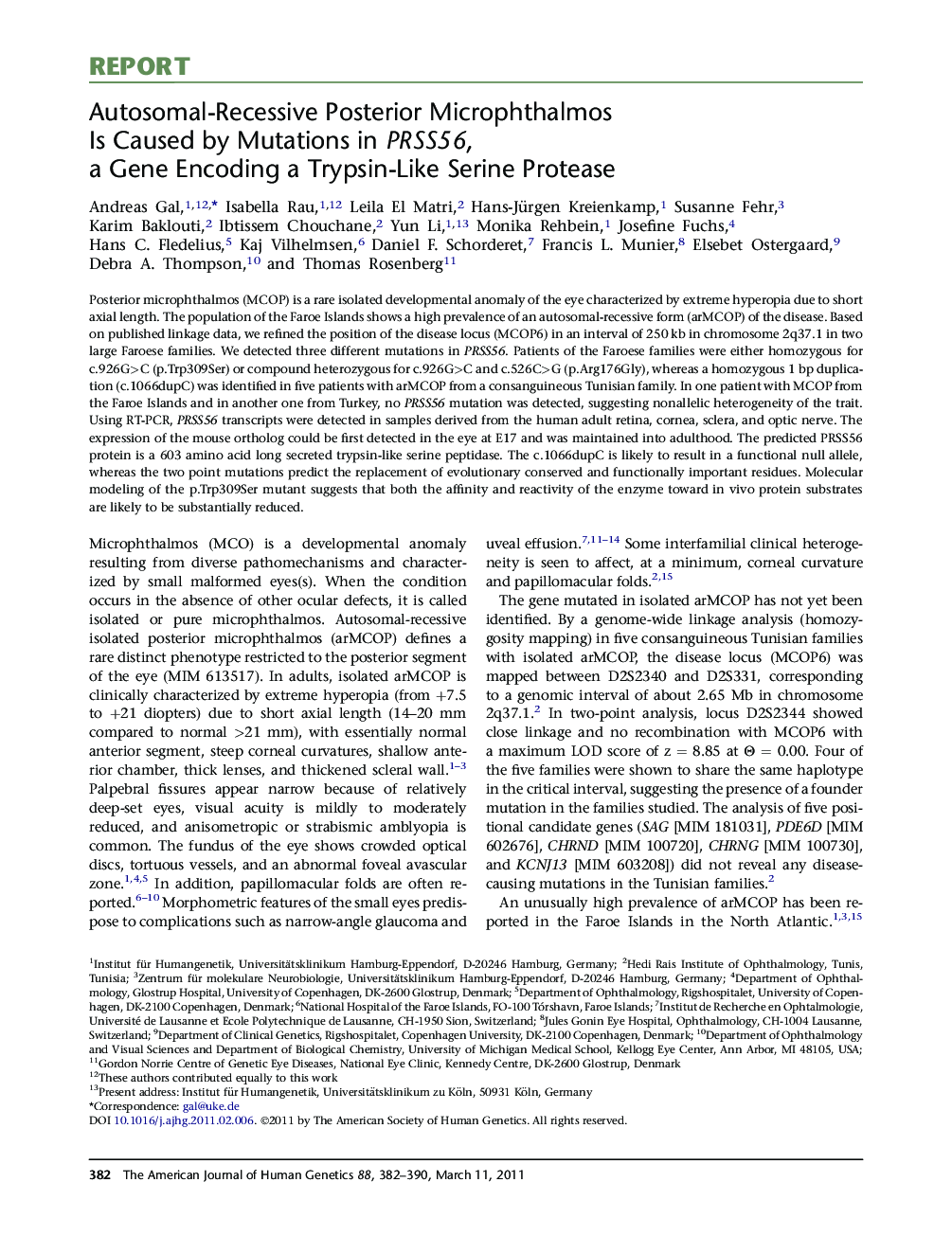 Autosomal-Recessive Posterior Microphthalmos Is Caused by Mutations in PRSS56, a Gene Encoding a Trypsin-Like Serine Protease