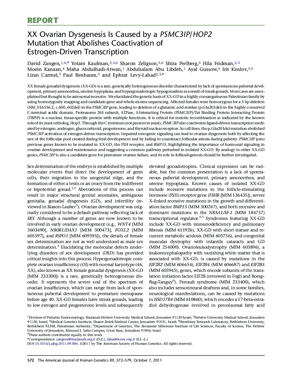 XX Ovarian Dysgenesis Is Caused by a PSMC3IP/HOP2 Mutation that Abolishes Coactivation of Estrogen-Driven Transcription