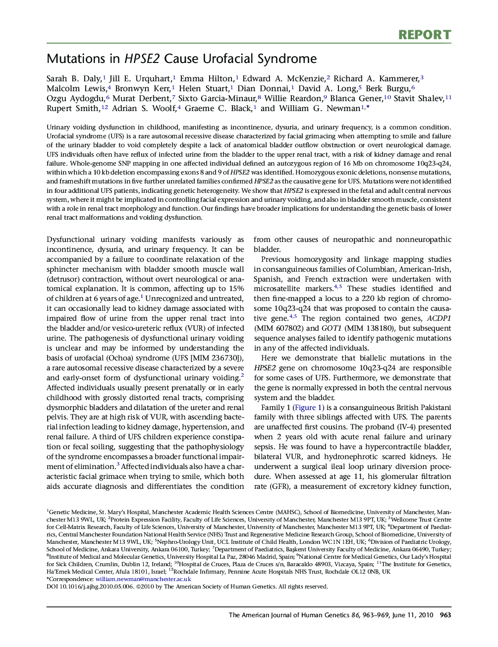 Mutations in HPSE2 Cause Urofacial Syndrome