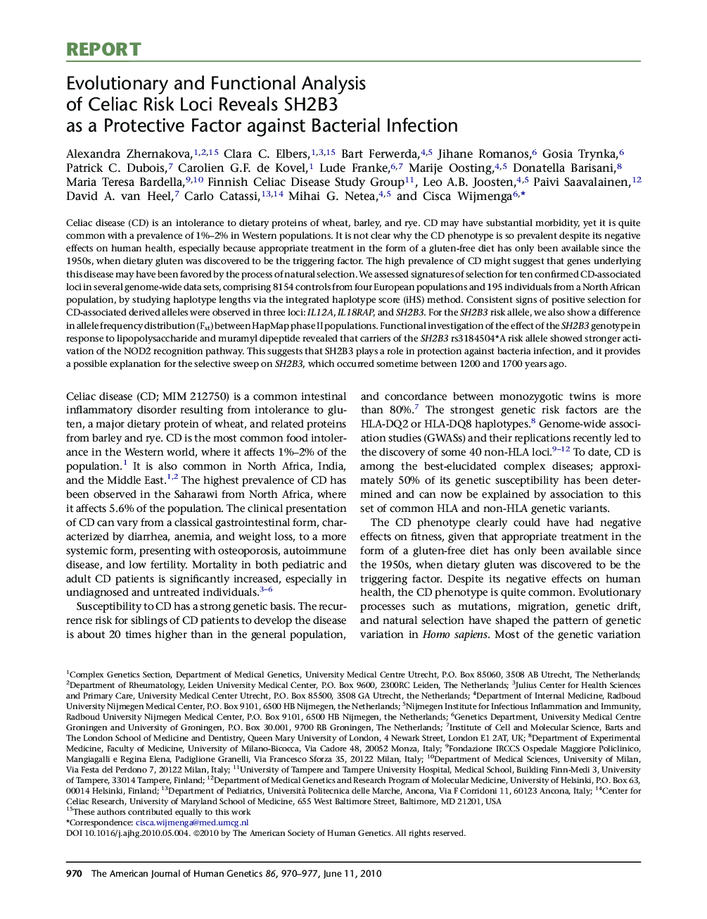 Evolutionary and Functional Analysis of Celiac Risk Loci Reveals SH2B3 as a Protective Factor against Bacterial Infection