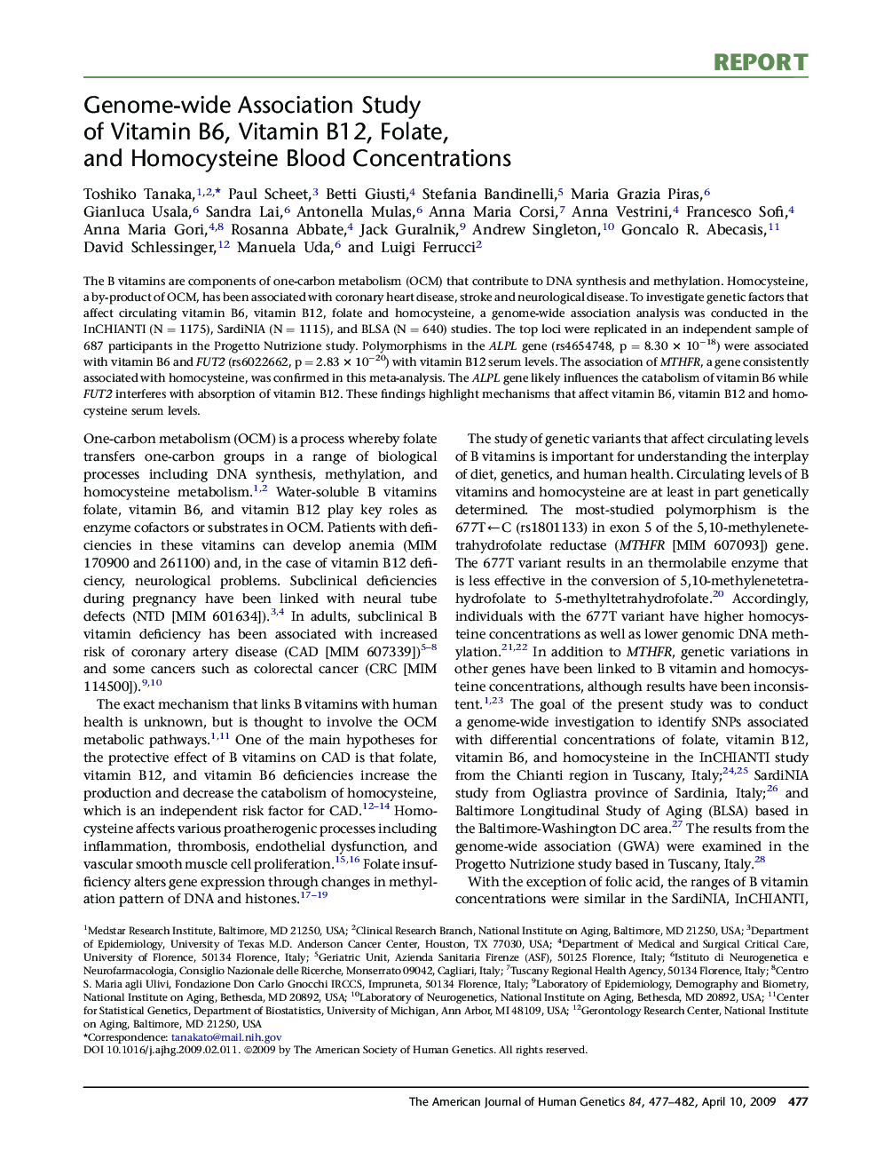 Genome-wide Association Study of Vitamin B6, Vitamin B12, Folate, and Homocysteine Blood Concentrations