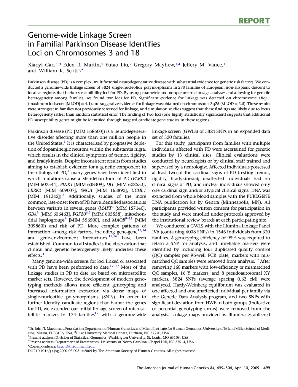 Genome-wide Linkage Screen in Familial Parkinson Disease Identifies Loci on Chromosomes 3 and 18