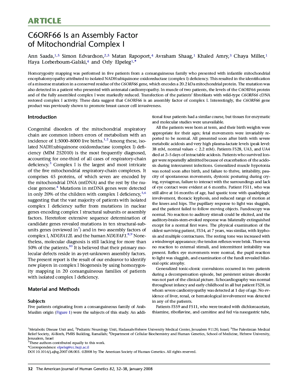 C6ORF66 Is an Assembly Factor of Mitochondrial Complex I