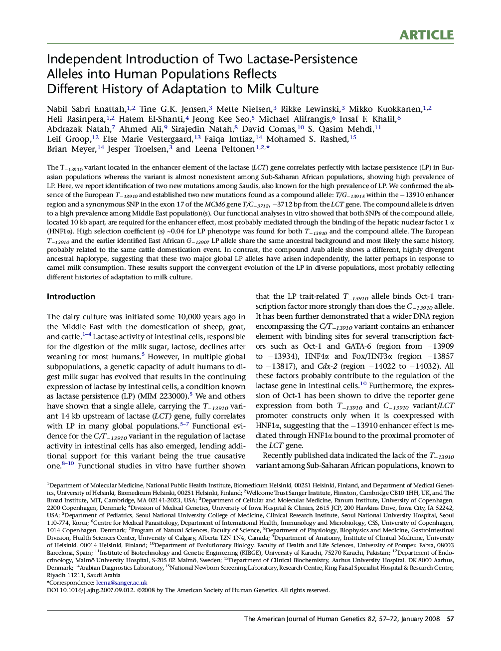 Independent Introduction of Two Lactase-Persistence Alleles into Human Populations Reflects Different History of Adaptation to Milk Culture