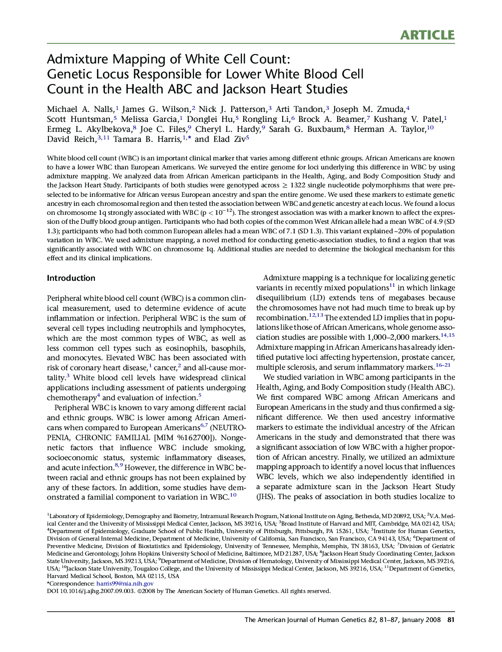 Admixture Mapping of White Cell Count: Genetic Locus Responsible for Lower White Blood Cell Count in the Health ABC and Jackson Heart Studies