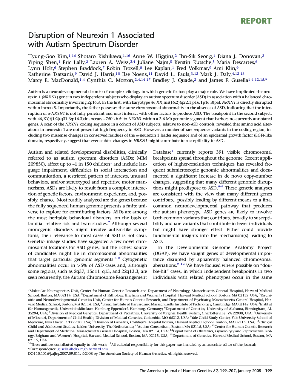 Disruption of Neurexin 1 Associated with Autism Spectrum Disorder