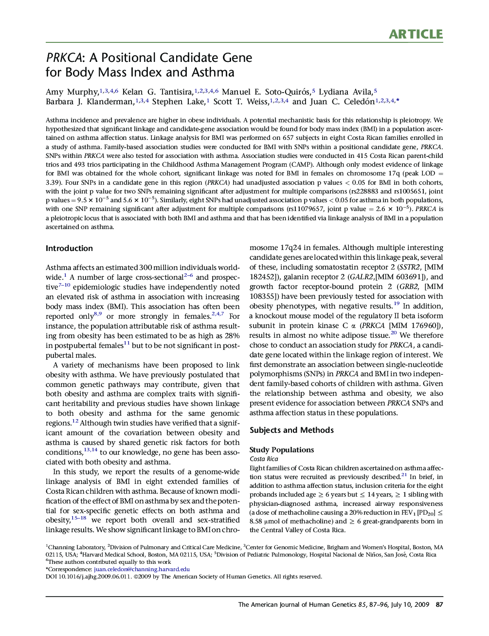 PRKCA: A Positional Candidate Gene for Body Mass Index and Asthma