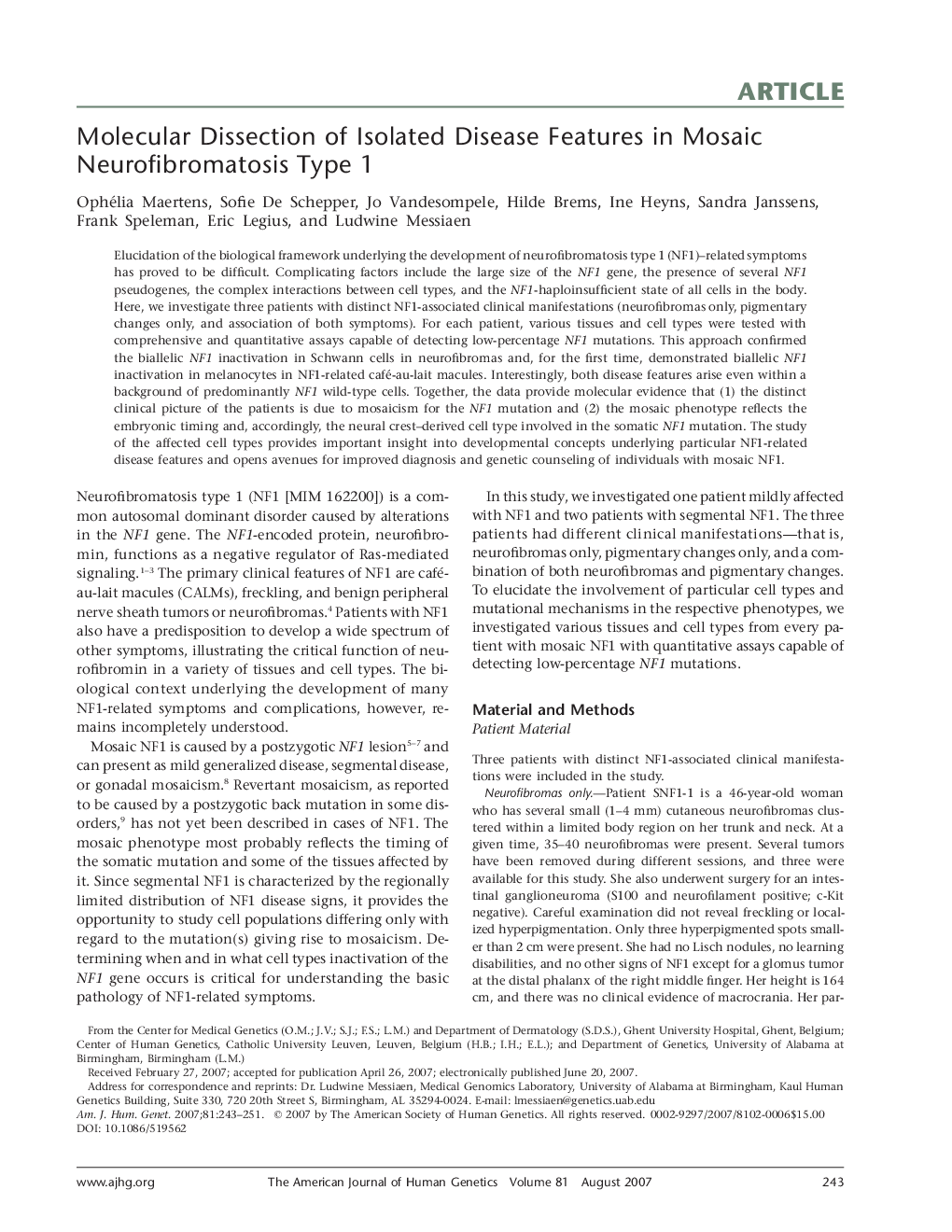 Molecular Dissection of Isolated Disease Features in Mosaic Neurofibromatosis Type 1