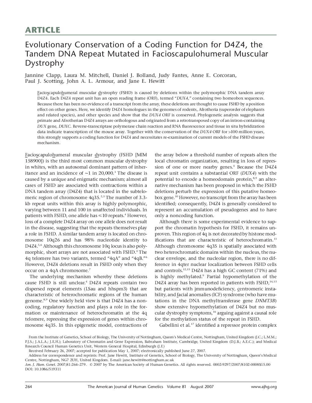 Evolutionary Conservation of a Coding Function for D4Z4, the Tandem DNA Repeat Mutated in Facioscapulohumeral Muscular Dystrophy