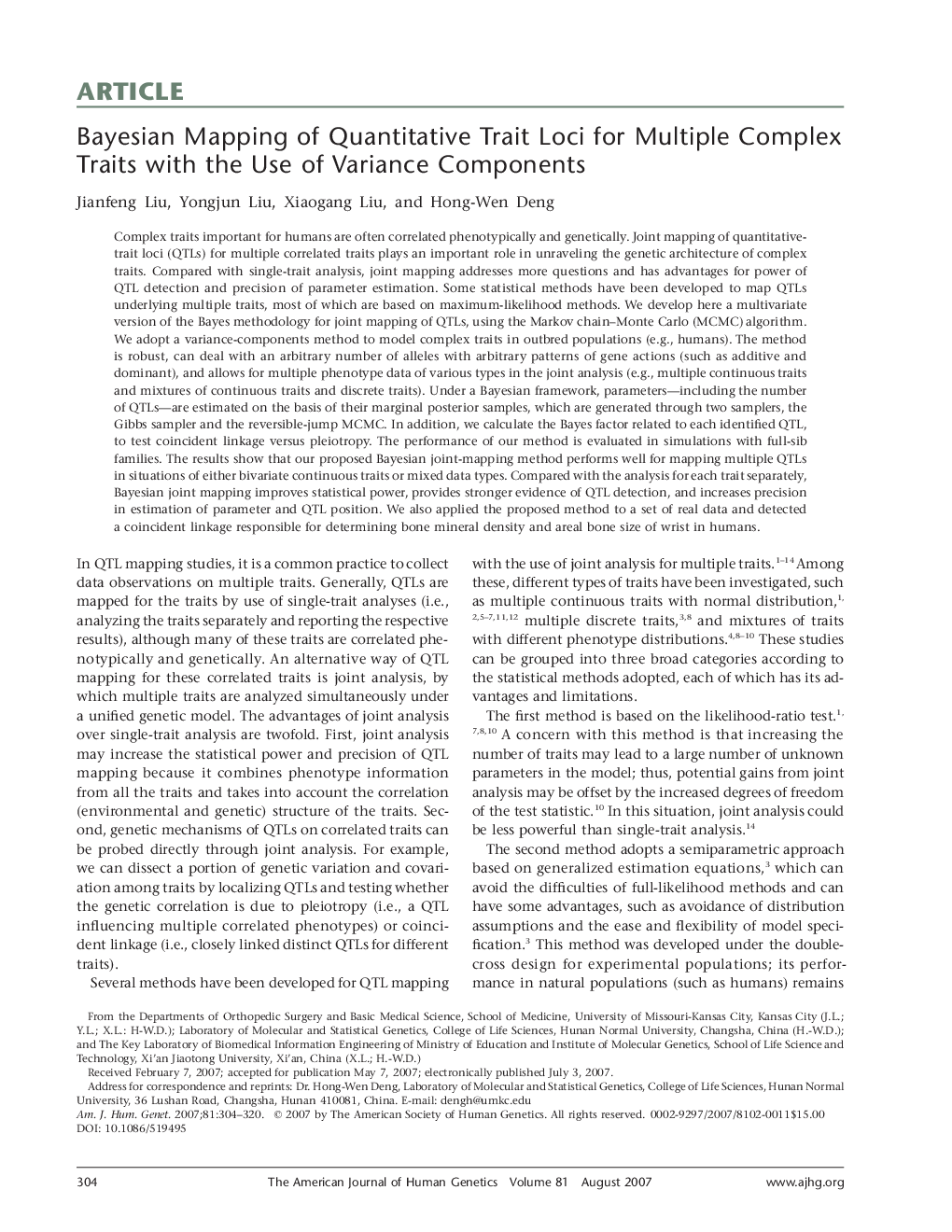 Bayesian Mapping of Quantitative Trait Loci for Multiple Complex Traits with the Use of Variance Components