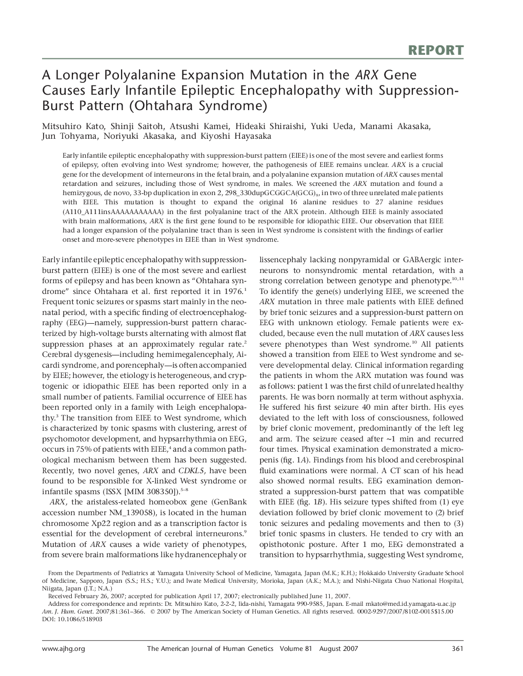 A Longer Polyalanine Expansion Mutation in the ARX Gene Causes Early Infantile Epileptic Encephalopathy with Suppression-Burst Pattern (Ohtahara Syndrome)